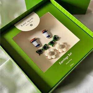 NIB Kate Spade Earring Trio Set - Green, White, Blue